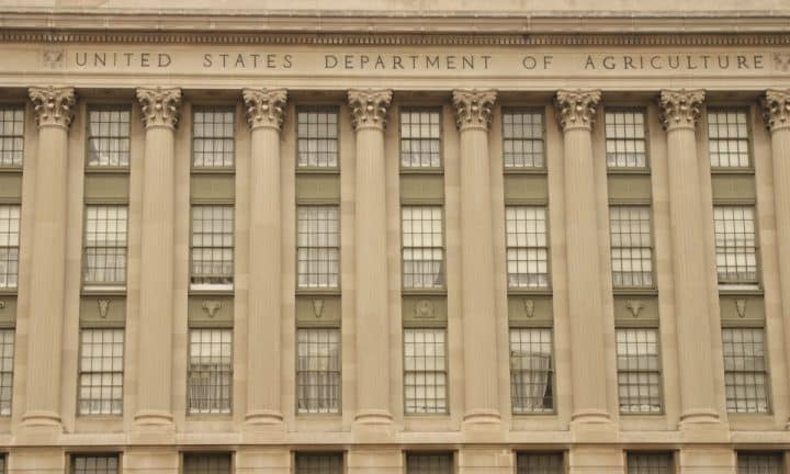 A front view of the US Department of Agriculture in Washington, D.C.